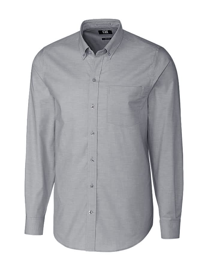A light grey button-up shirt with long sleeves and a chest pocket, featuring a logo.