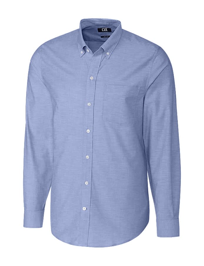 A light blue button-up shirt with long sleeves and a chest pocket, featuring a brand logo.
