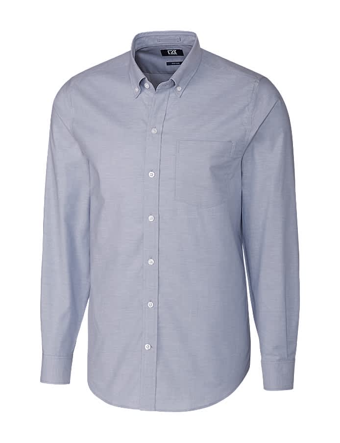 A light blue button-up shirt with long sleeves and a chest pocket, featuring a branded label.