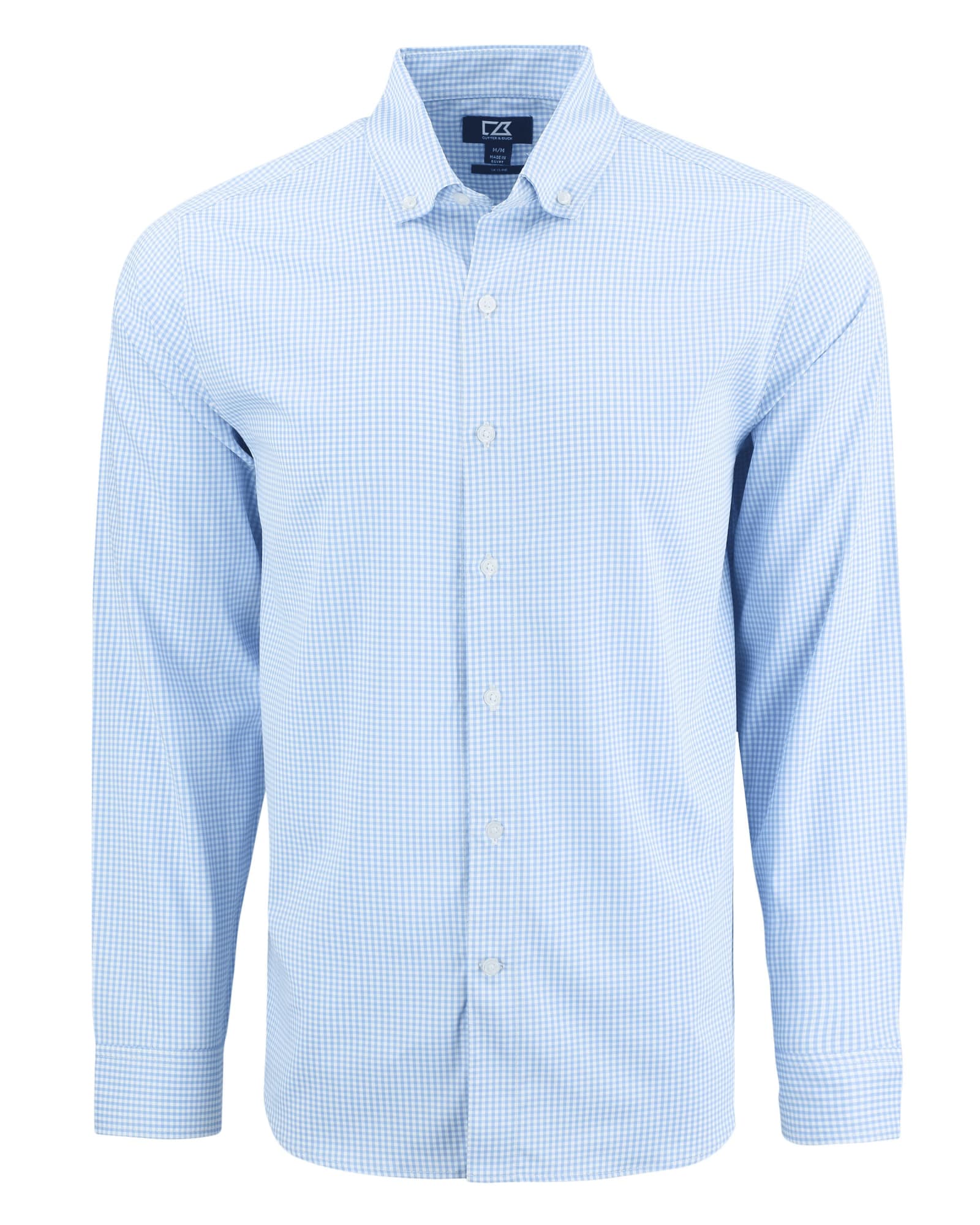 A light blue men's shirt with a gingham pattern and long sleeves, featuring a button-down collar and a logo.