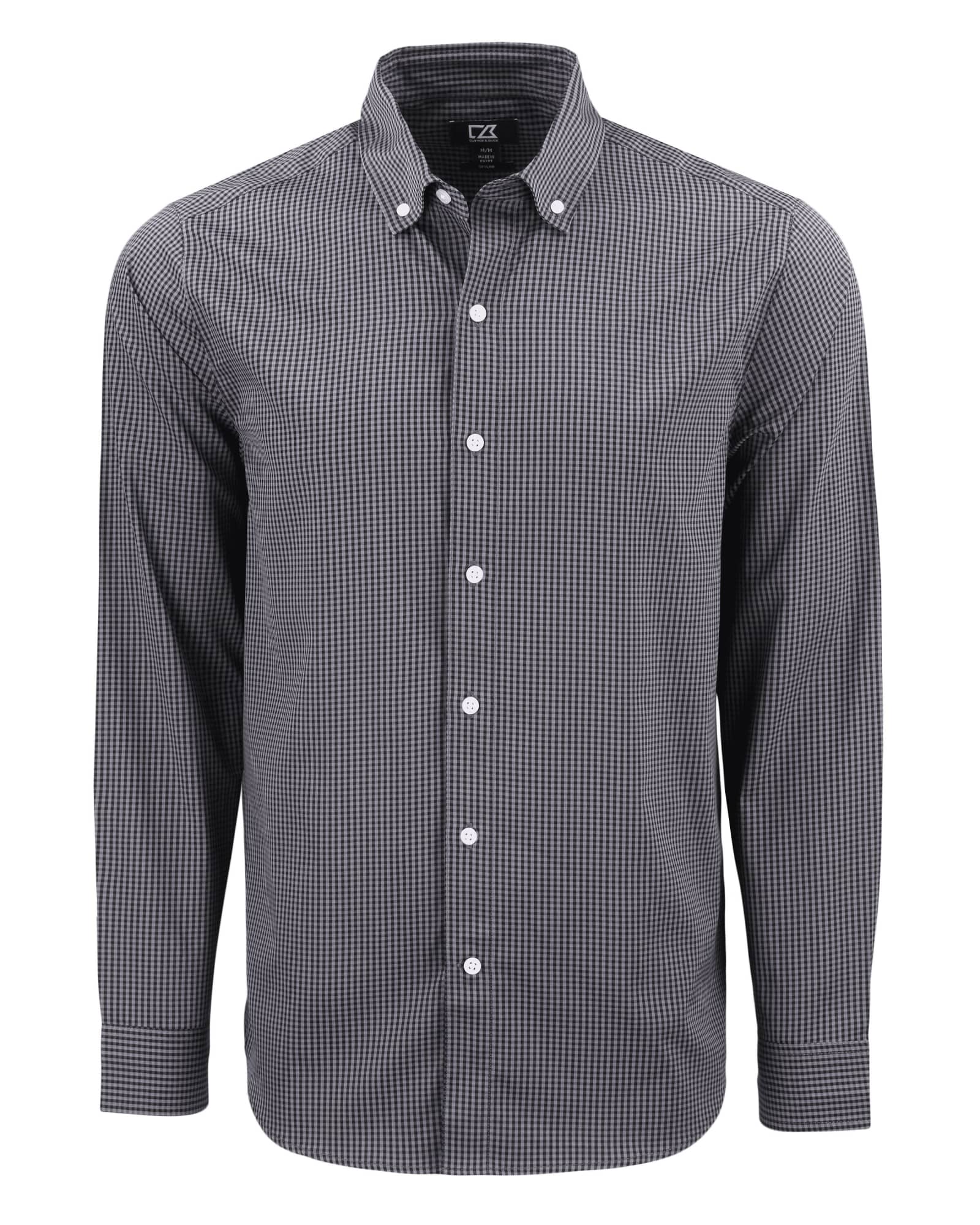 A black and white gingham check shirt with long sleeves and a button-down collar. It features a logo.