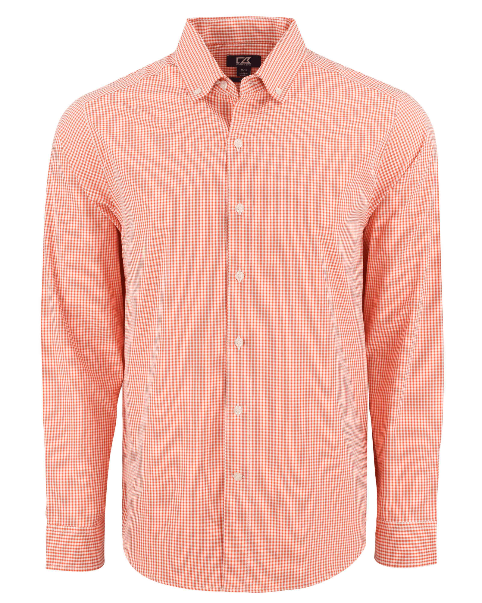 A men's shirt featuring a red and white gingham pattern with long sleeves and a button-down collar. It has a logo.