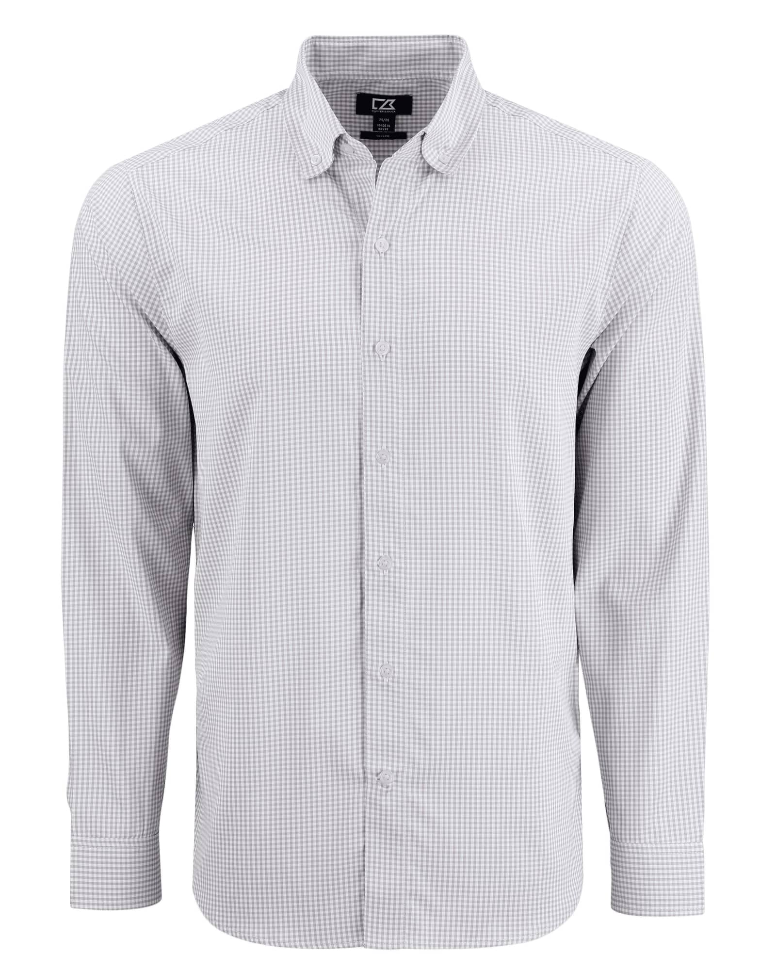 A men's long-sleeve shirt in a grey and white gingham pattern with a button-down collar and branding.