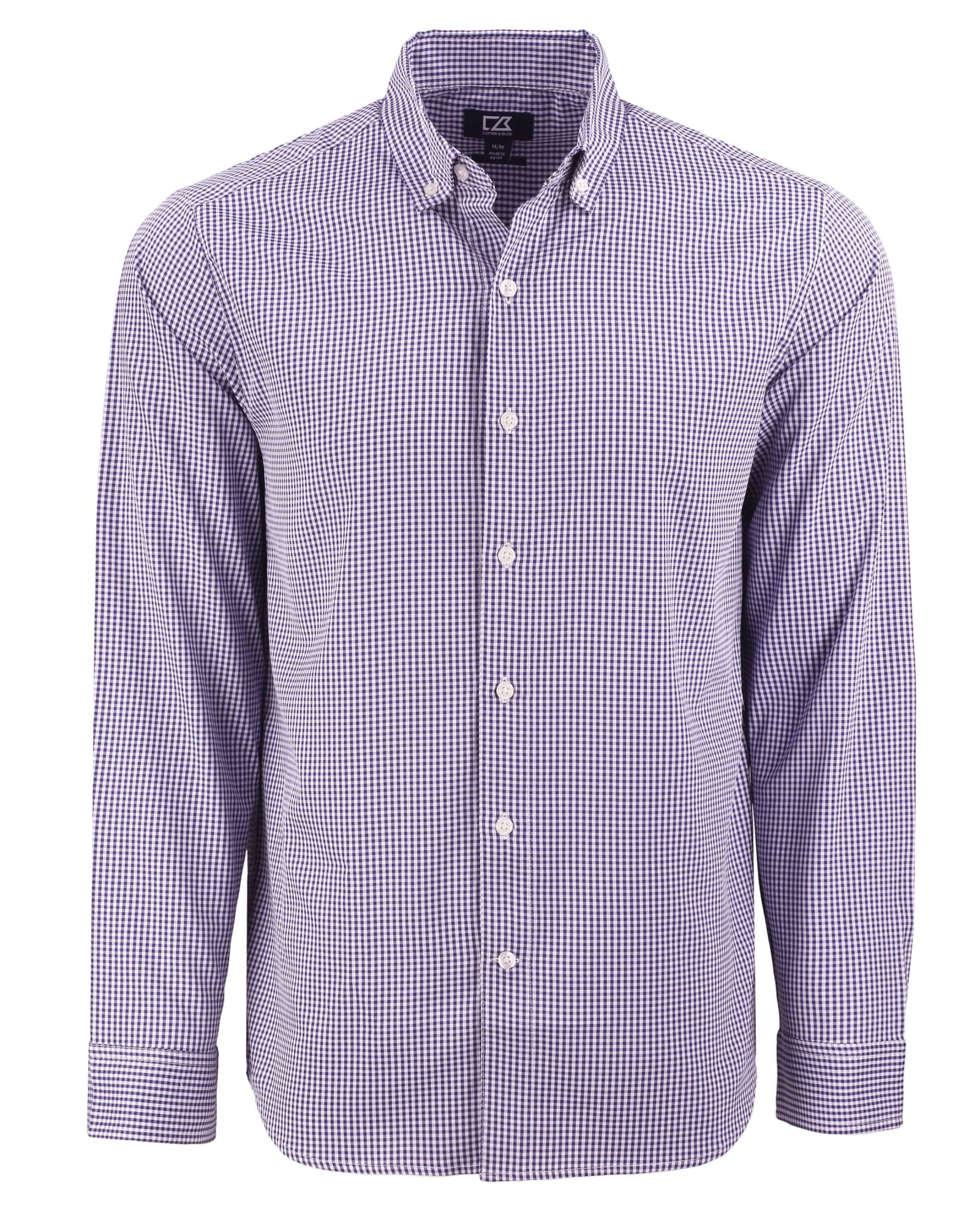 A men's long-sleeve shirt in a purple and white gingham pattern with a button-down collar and logo.