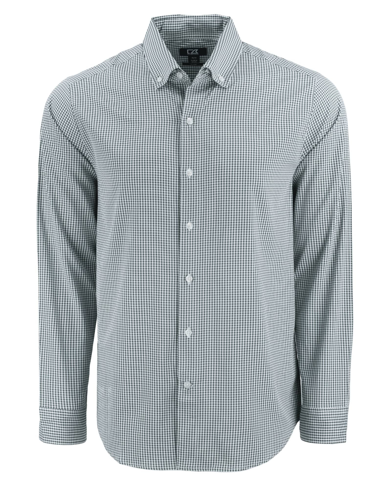 A men's long-sleeve shirt featuring a green and white gingham pattern, with a button-down collar and logo.