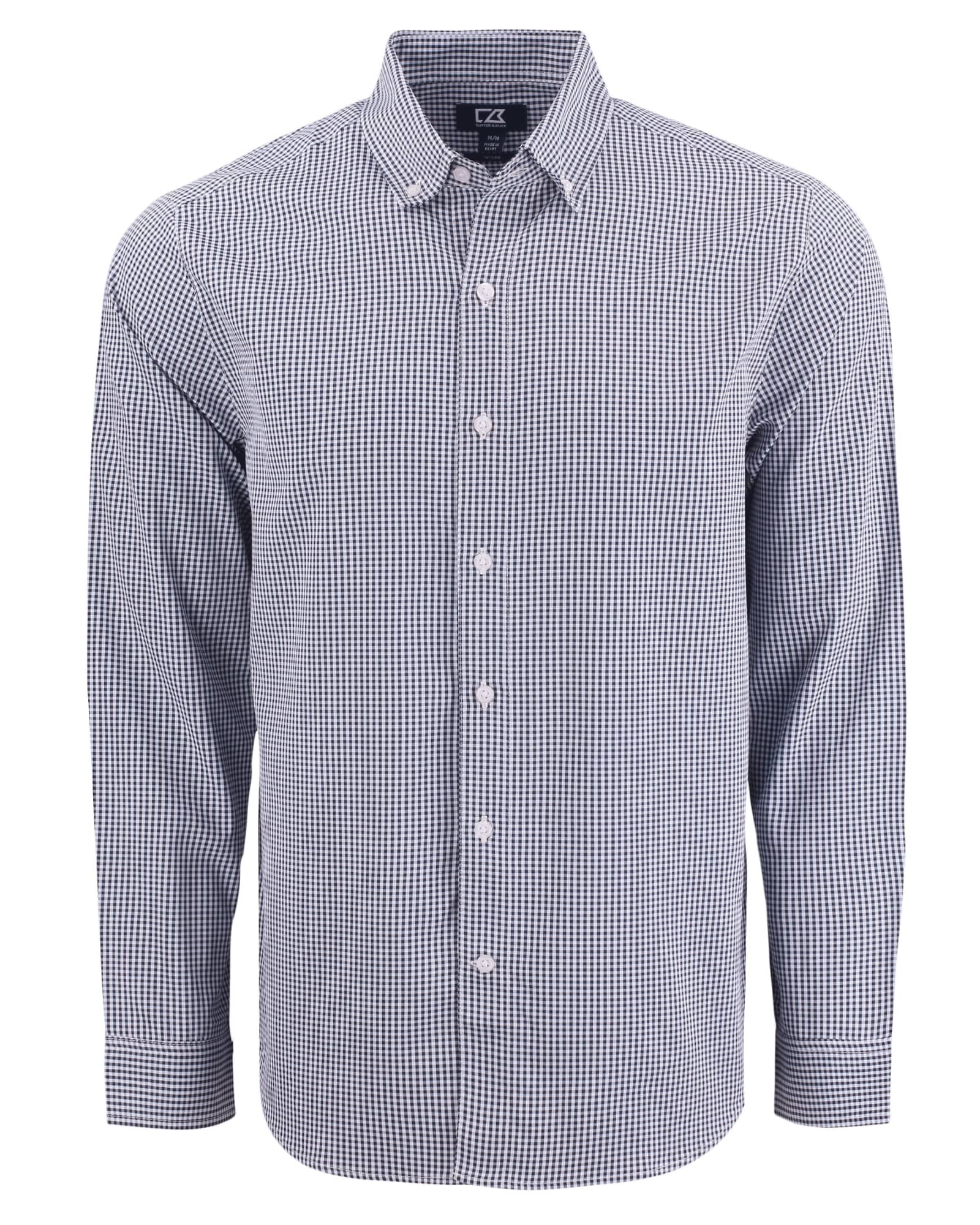 A men's long-sleeve shirt in navy and white gingham pattern, featuring a button-down collar and a logo.