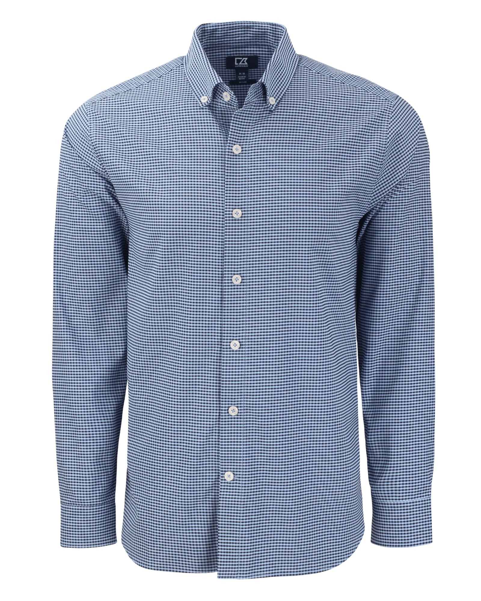 A men's shirt in navy and white gingham with long sleeves and a button-down collar. It has a logo on the chest.