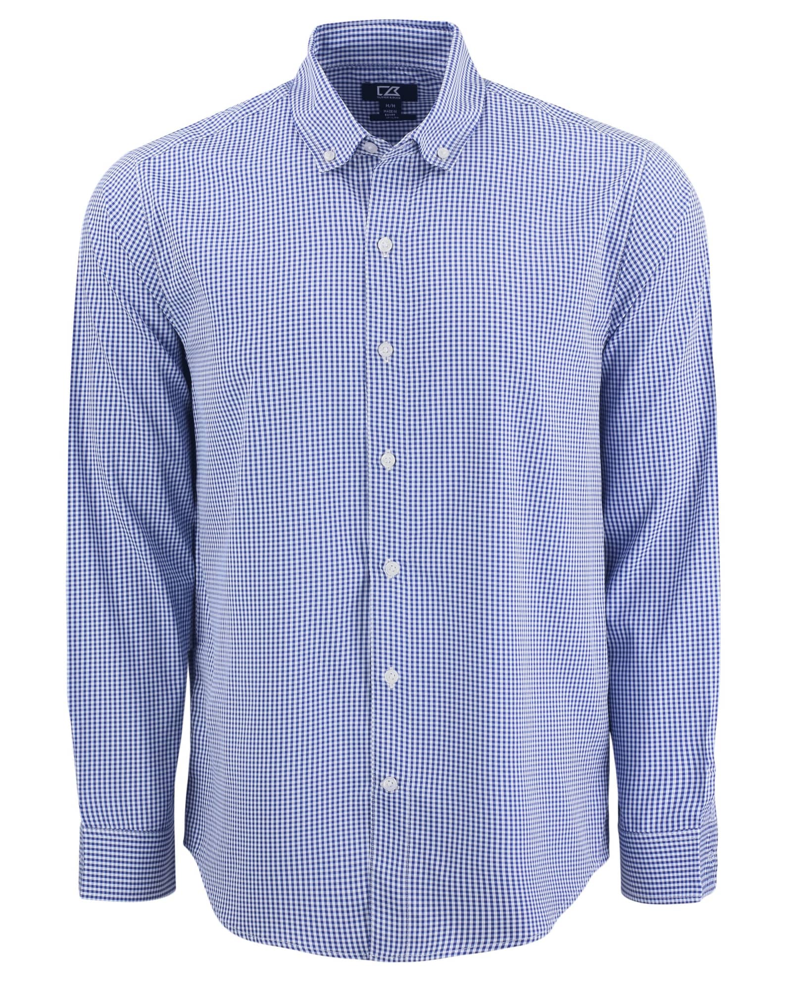 A blue and white gingham shirt for men with a button-down collar and long sleeves. The shirt features a logo.