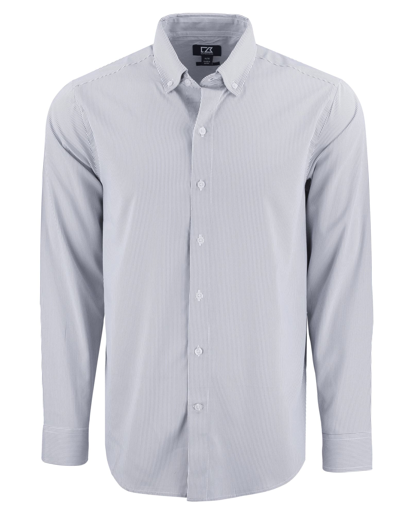 A light blue men's shirt with a pinstripe pattern and a button-down collar. It features a logo on the chest.