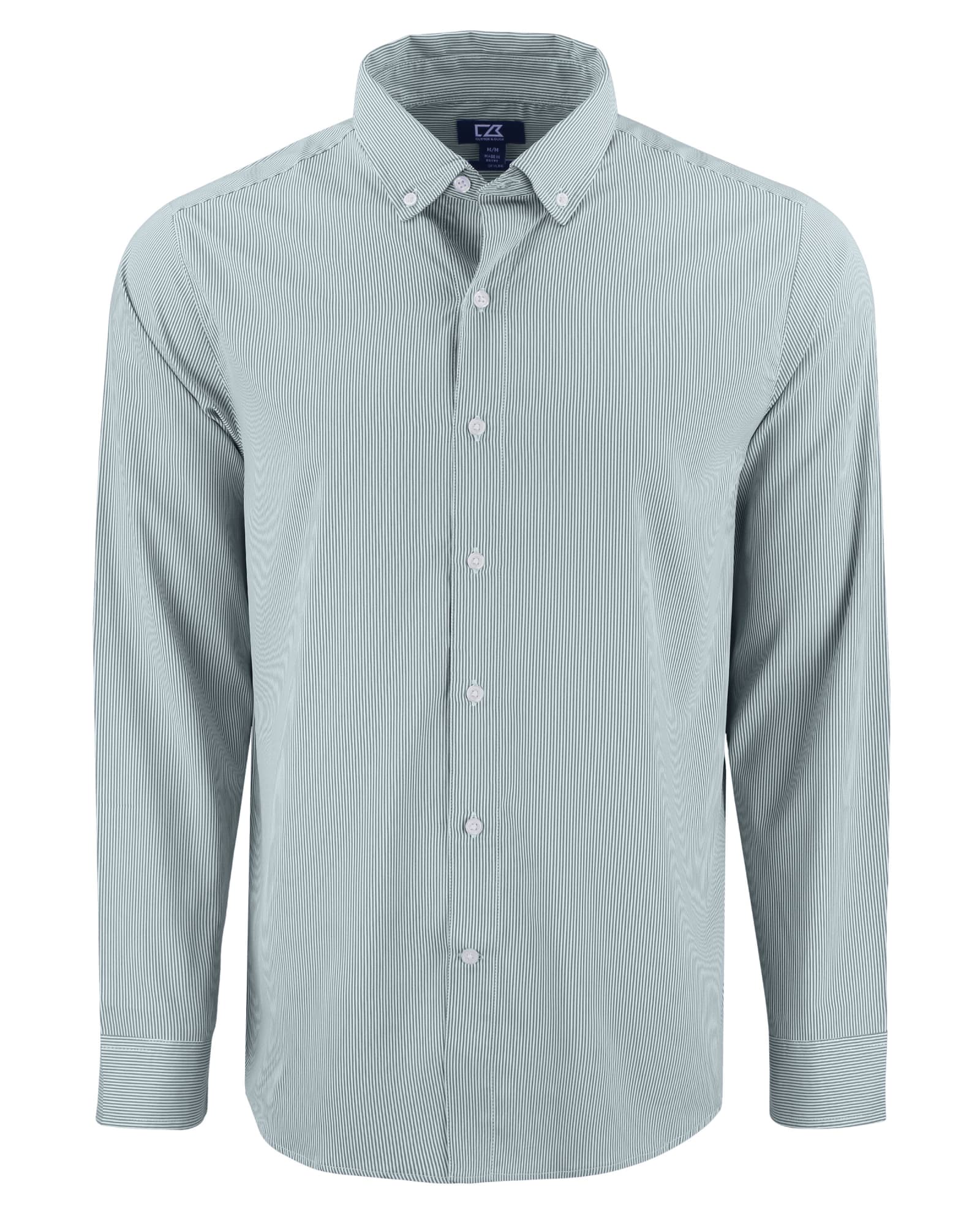 A light blue men's shirt with a pinstripe pattern, featuring a button-down collar and long sleeves. It has a logo.