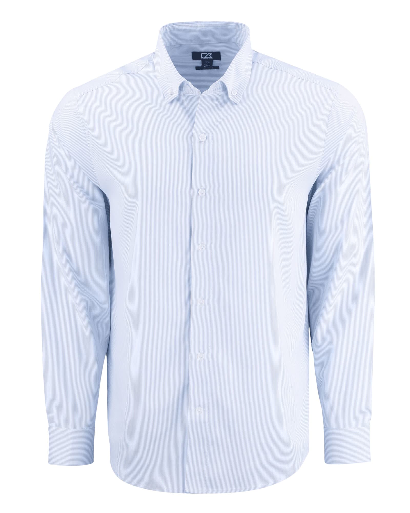 A light blue men's shirt with long sleeves and a button-down collar, featuring a logo.