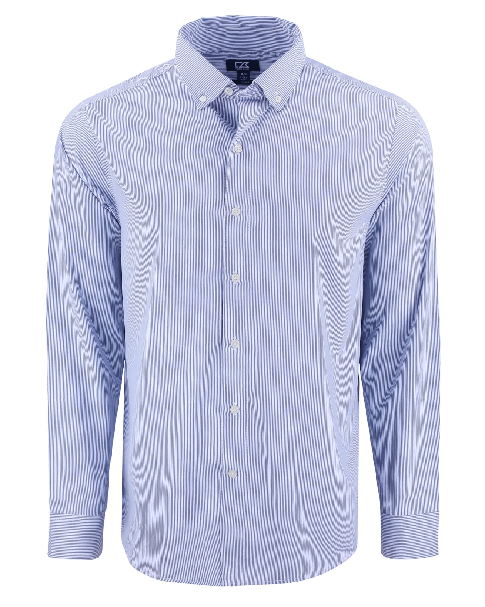 A blue pinstripe men's shirt featuring a button-down collar and long sleeves. It has a logo on the label.