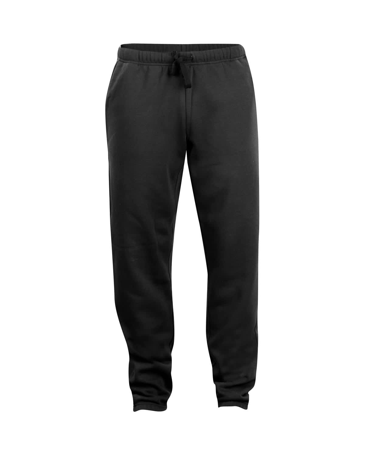 A pair of black sweatpants featuring a drawstring waistband and tapered legs, with a logo present.