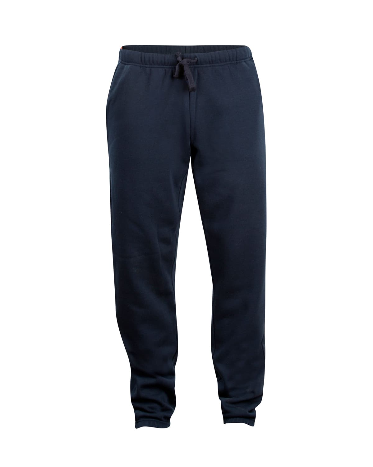 A pair of navy track pants with an elastic waistband and drawstring, featuring fitted cuffs at the ankles.