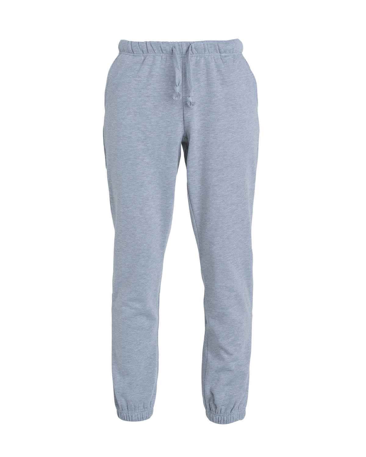 A pair of grey track pants with an elastic waistband and ankle cuffs, featuring a logo.