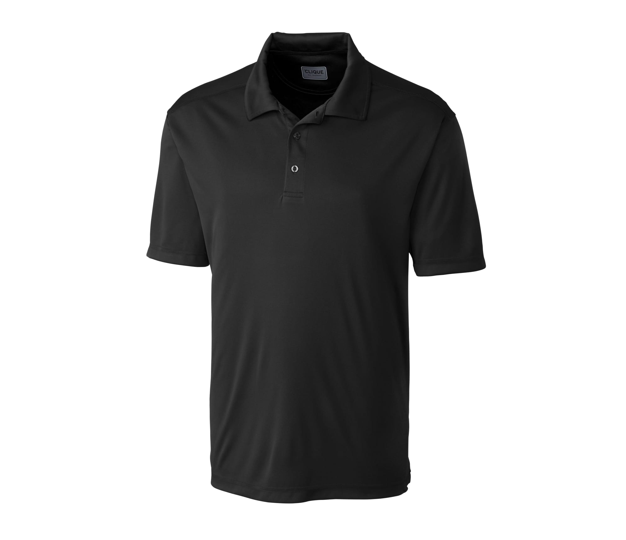 A black polo shirt with a collar, short sleeves, and a logo on the chest area.