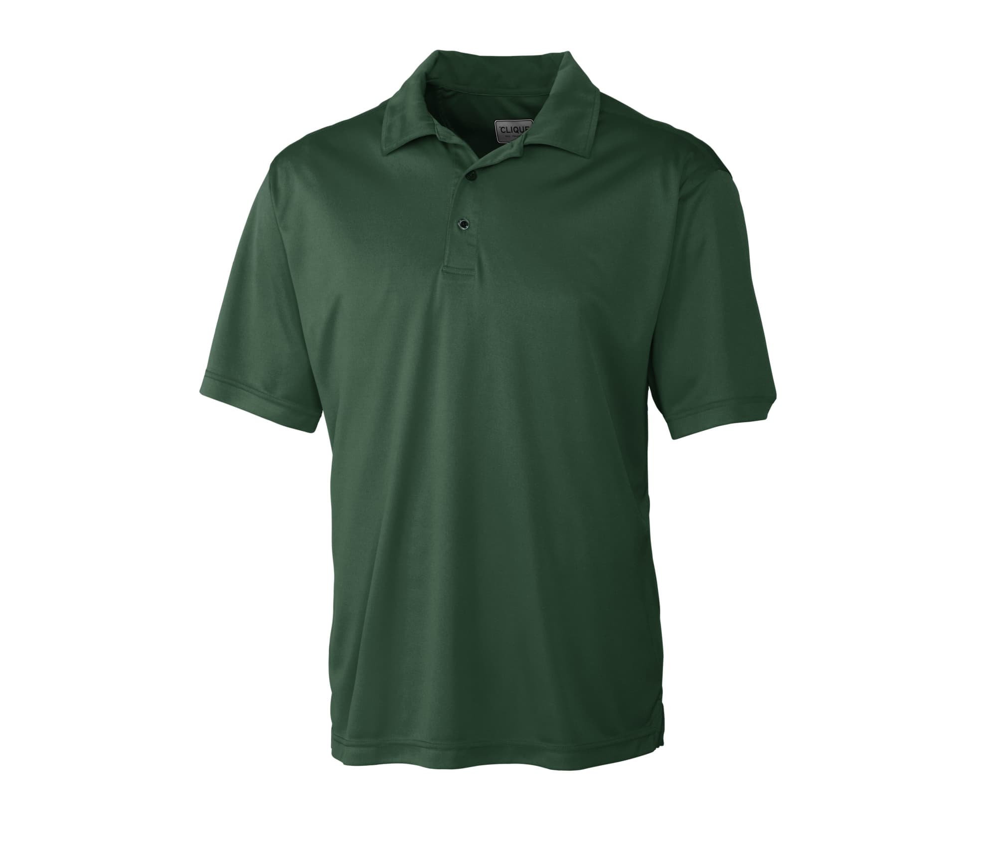 A dark green polo shirt with a collar and short sleeves, featuring a logo on the chest.