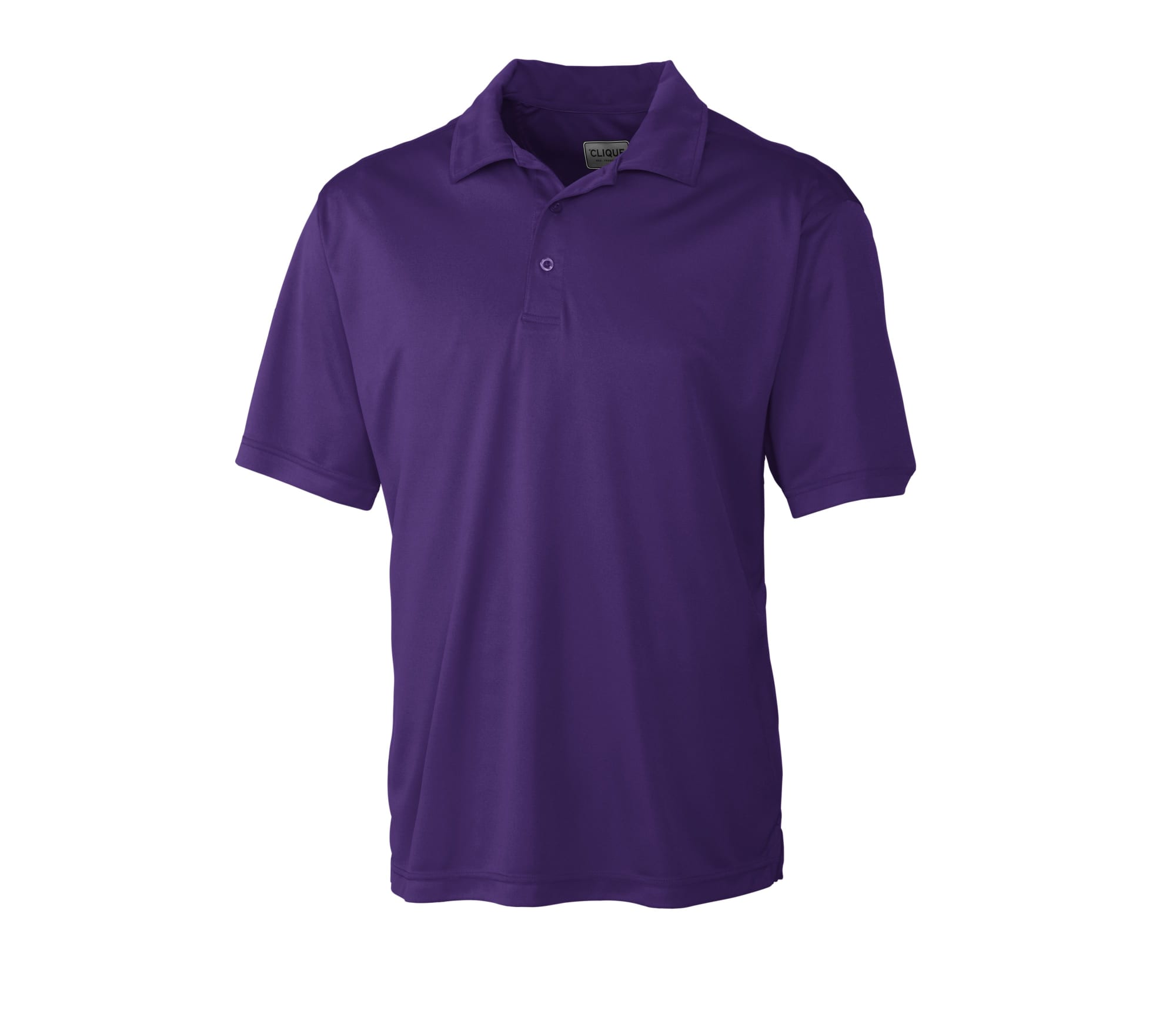 A purple polo shirt with a collar and a front placket, featuring a logo.