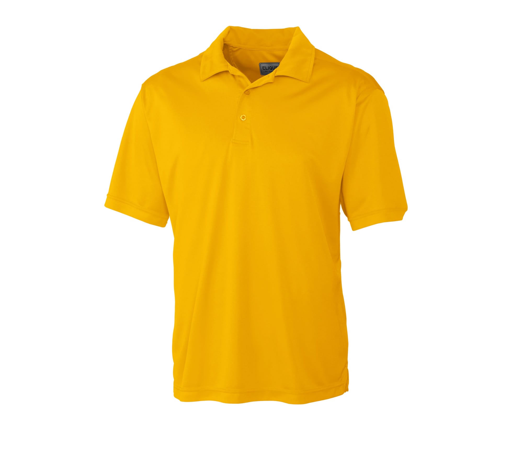A bright yellow men's polo shirt with a classic collar and short sleeves, featuring a logo on the chest.
