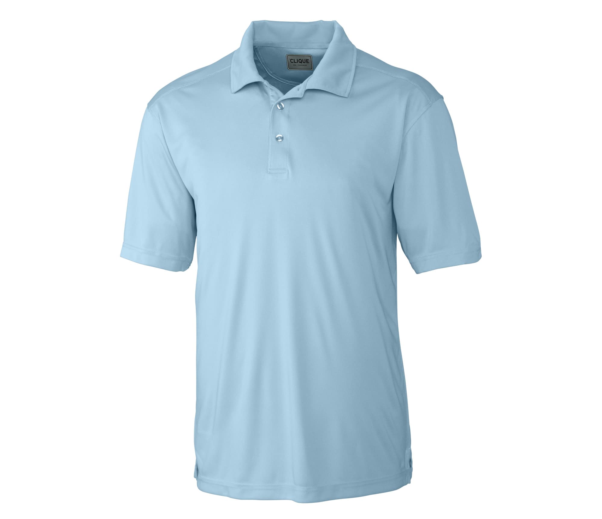 A light blue men's polo shirt with a collar and short sleeves, featuring a branding logo.