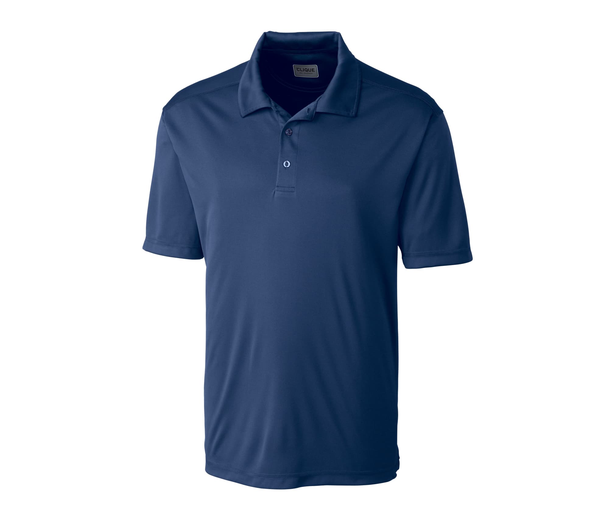 A navy blue men's polo shirt with a collar and short sleeves, featuring a logo on the left side.