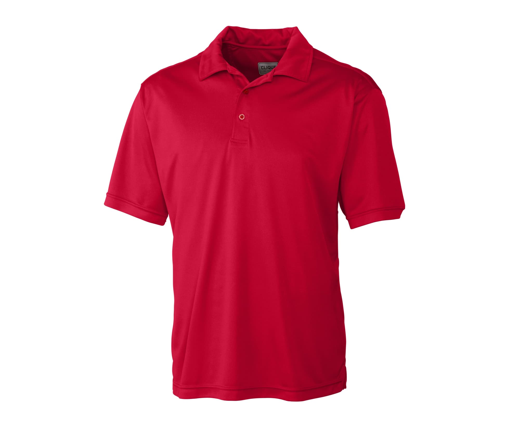 A red polo shirt with a collar and two-button placket, featuring short sleeves and a branding logo.