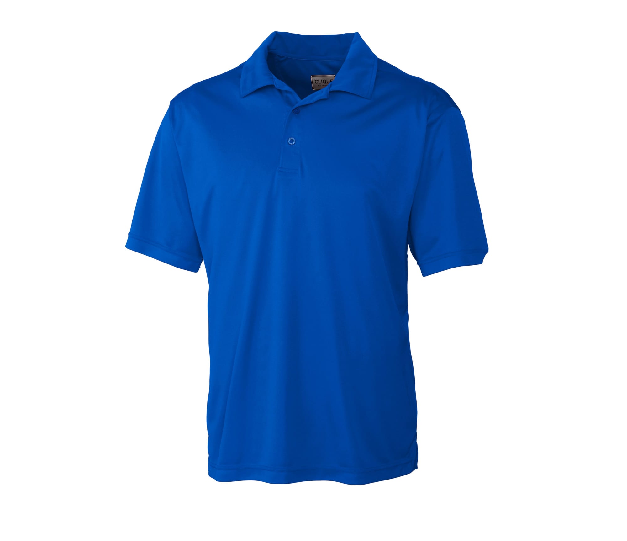 A blue men's polo shirt with a collar, short sleeves, and a logo.