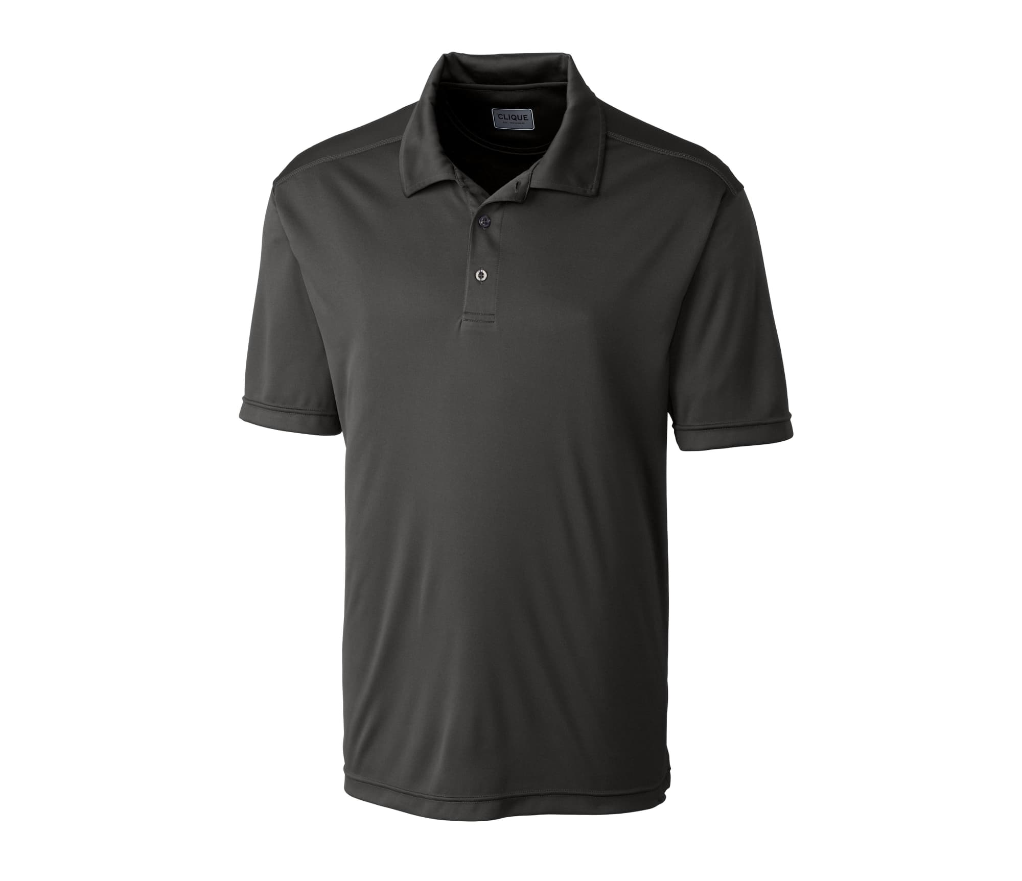 A dark grey polo shirt with a collar, short sleeves, and a logo on the chest.