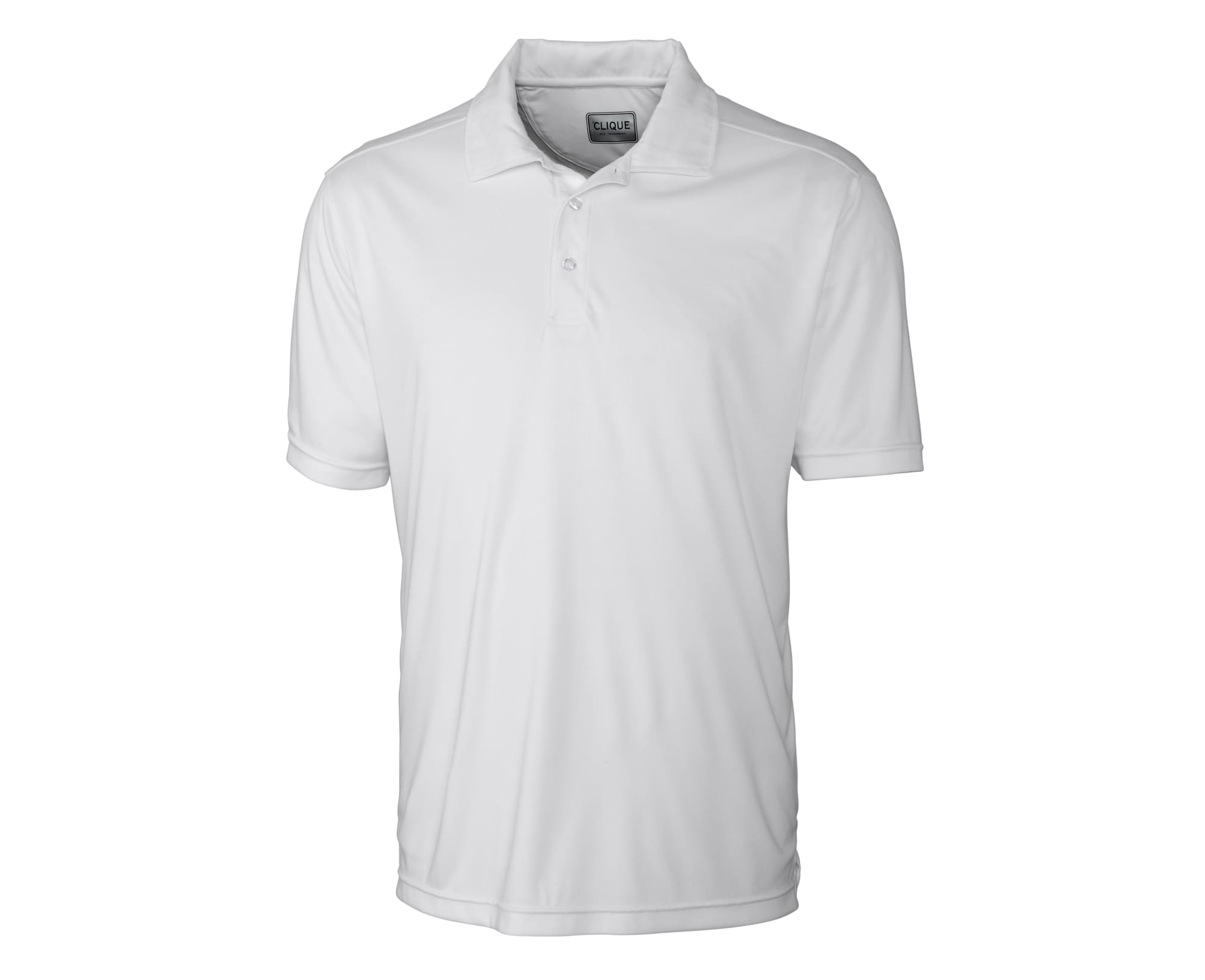 A white men's polo shirt featuring a classic collar and a logo on the chest. Short sleeves and a simple design.