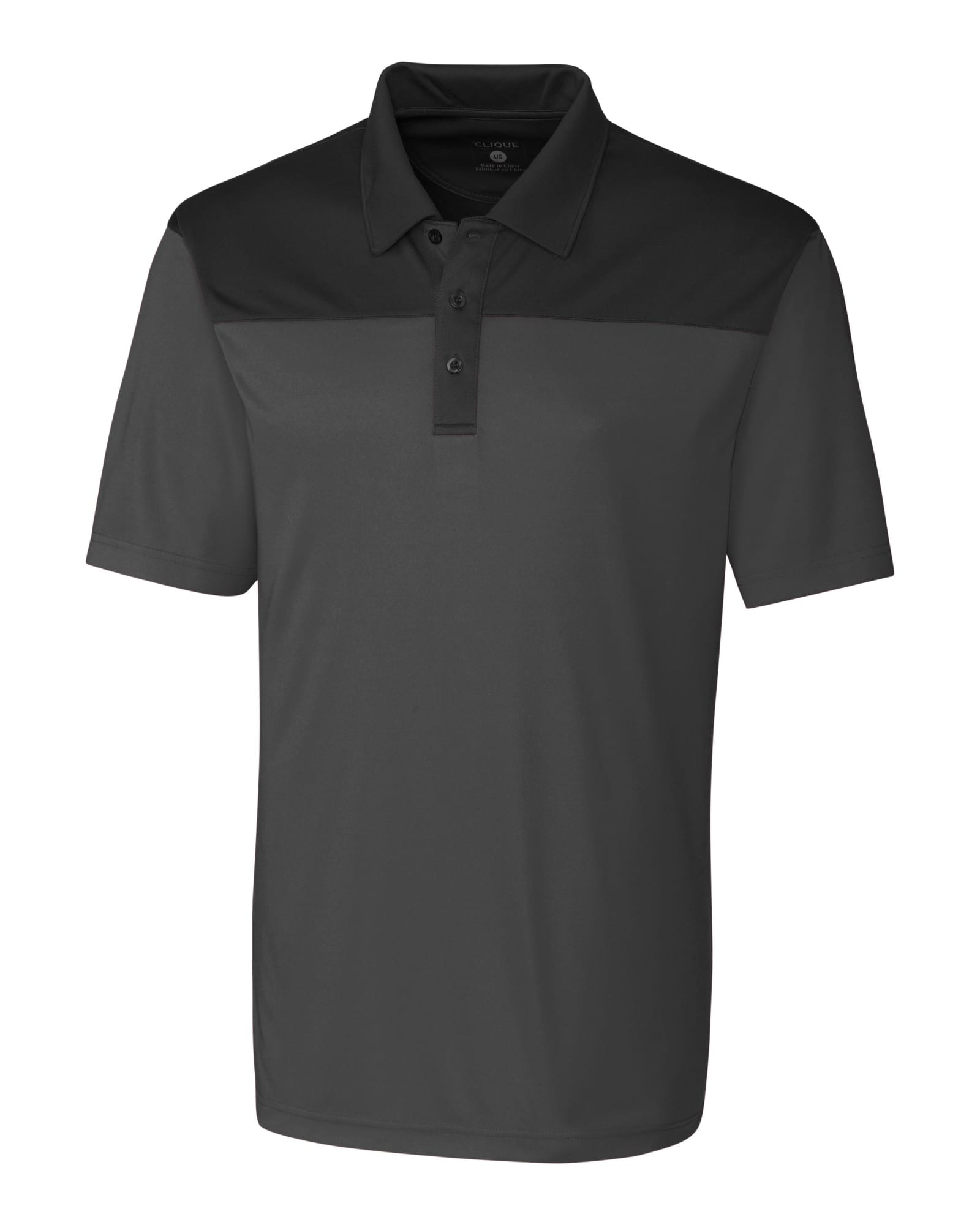 A black and grey colourblock polo shirt featuring a collar and a logo on the chest.