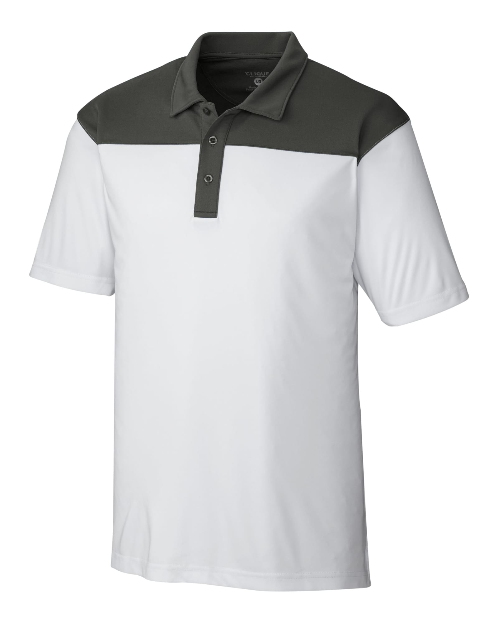 A men's polo shirt featuring a colourblock design with dark green shoulders and a white body. It has a collar and buttons.