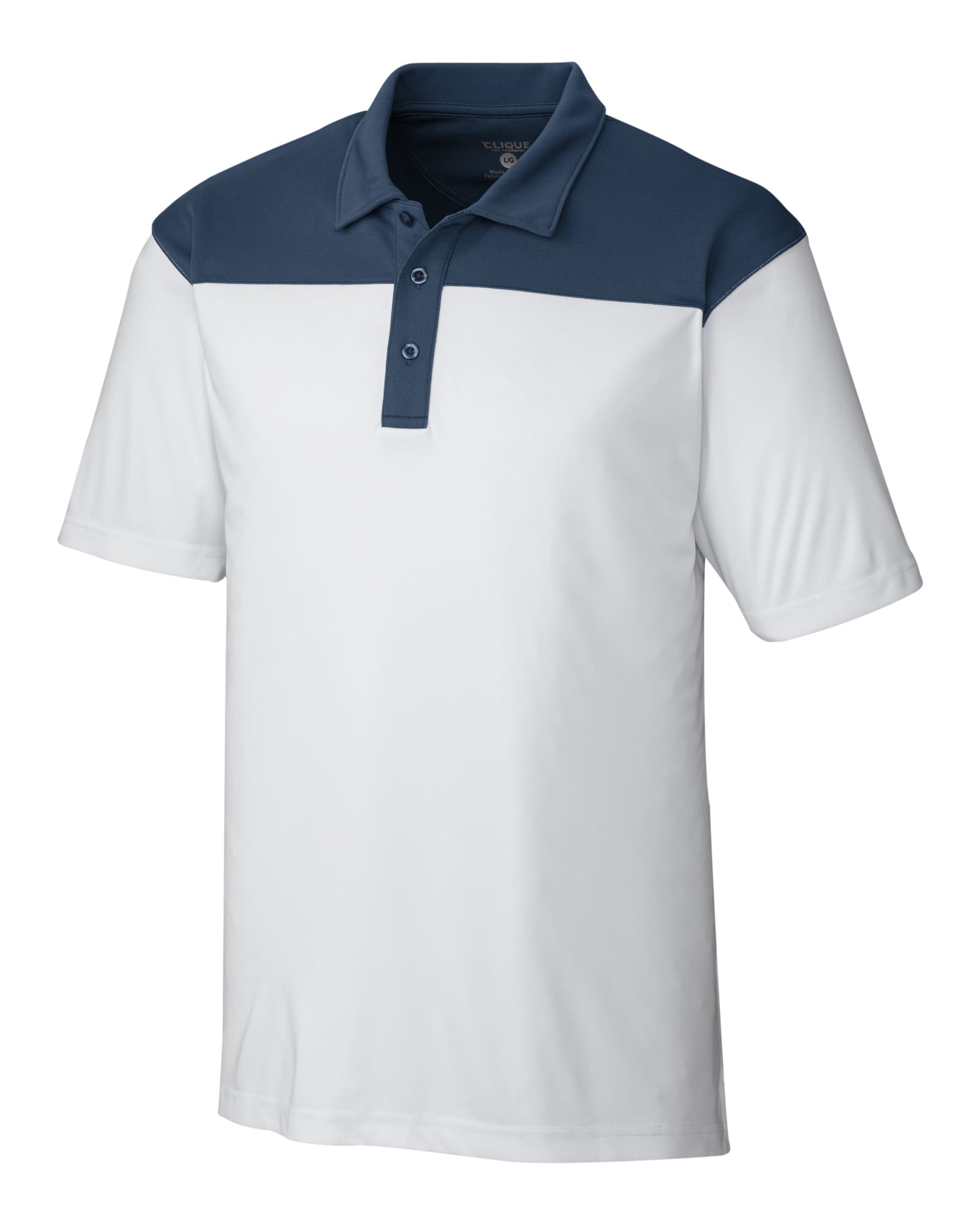 A polo shirt featuring a colourblock design in white and navy blue, with a collar and three buttons.
