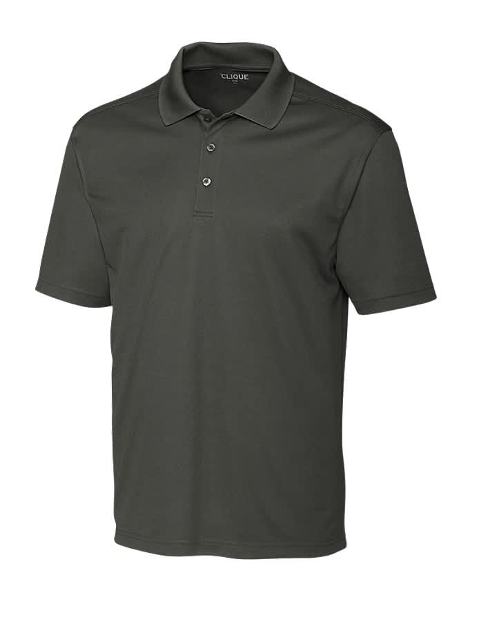 A dark green polo shirt with a collar, featuring three buttons and a logo on the chest.