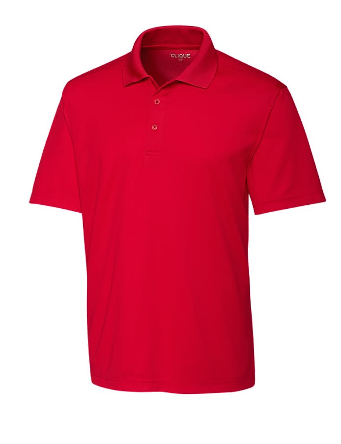 A red men's polo shirt with a collared neckline and short sleeves, featuring a logo.