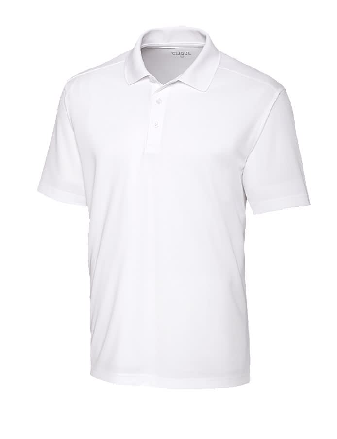 A white polo shirt with a collar and three buttons, featuring a logo on the chest.