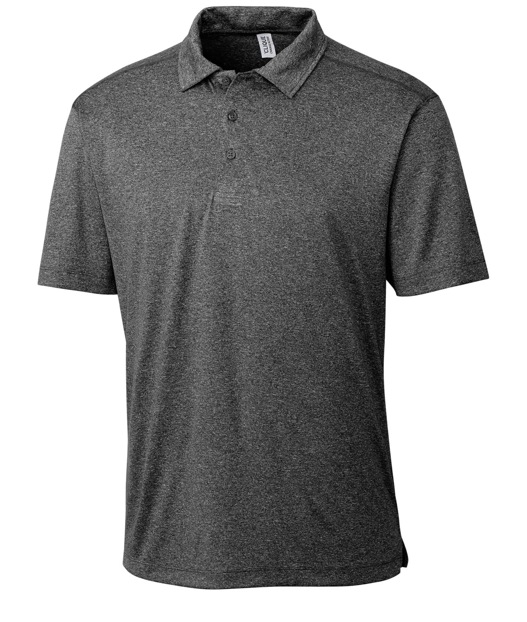 A grey men's polo shirt featuring a collar, short sleeves, and a logo on the front.