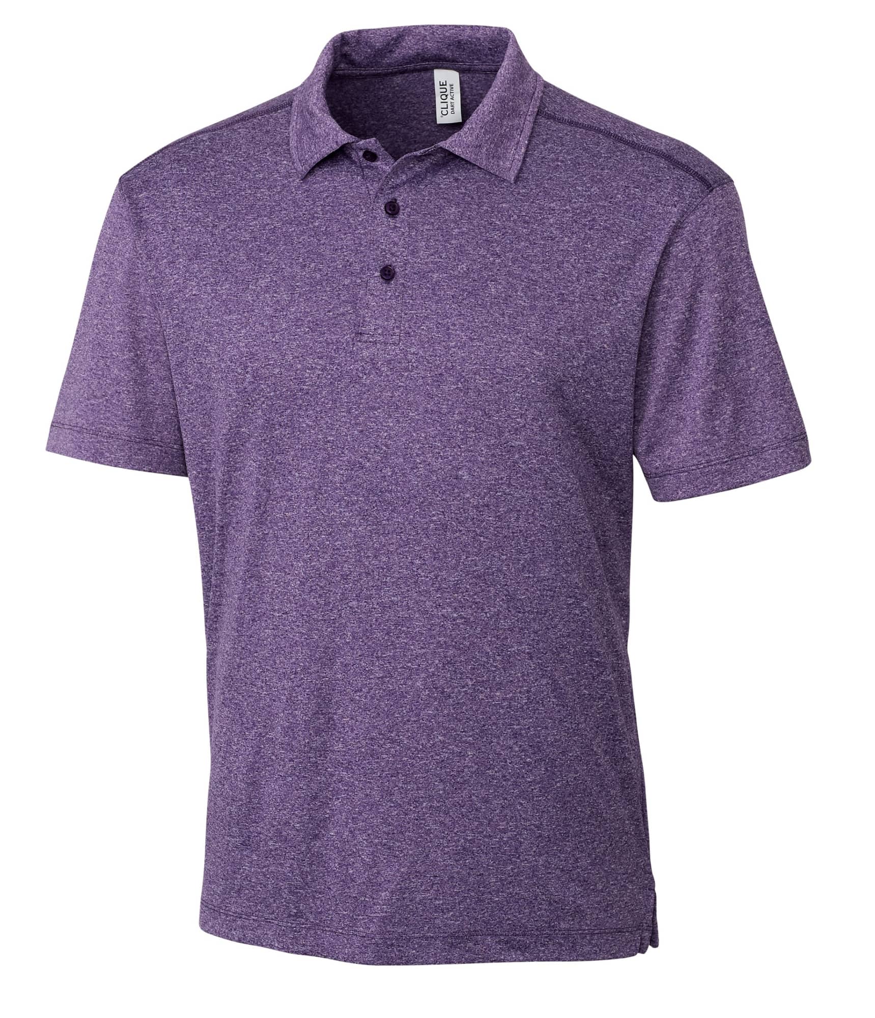 A purple polo shirt with a collar, featuring a logo on the chest and three buttons at the placket.