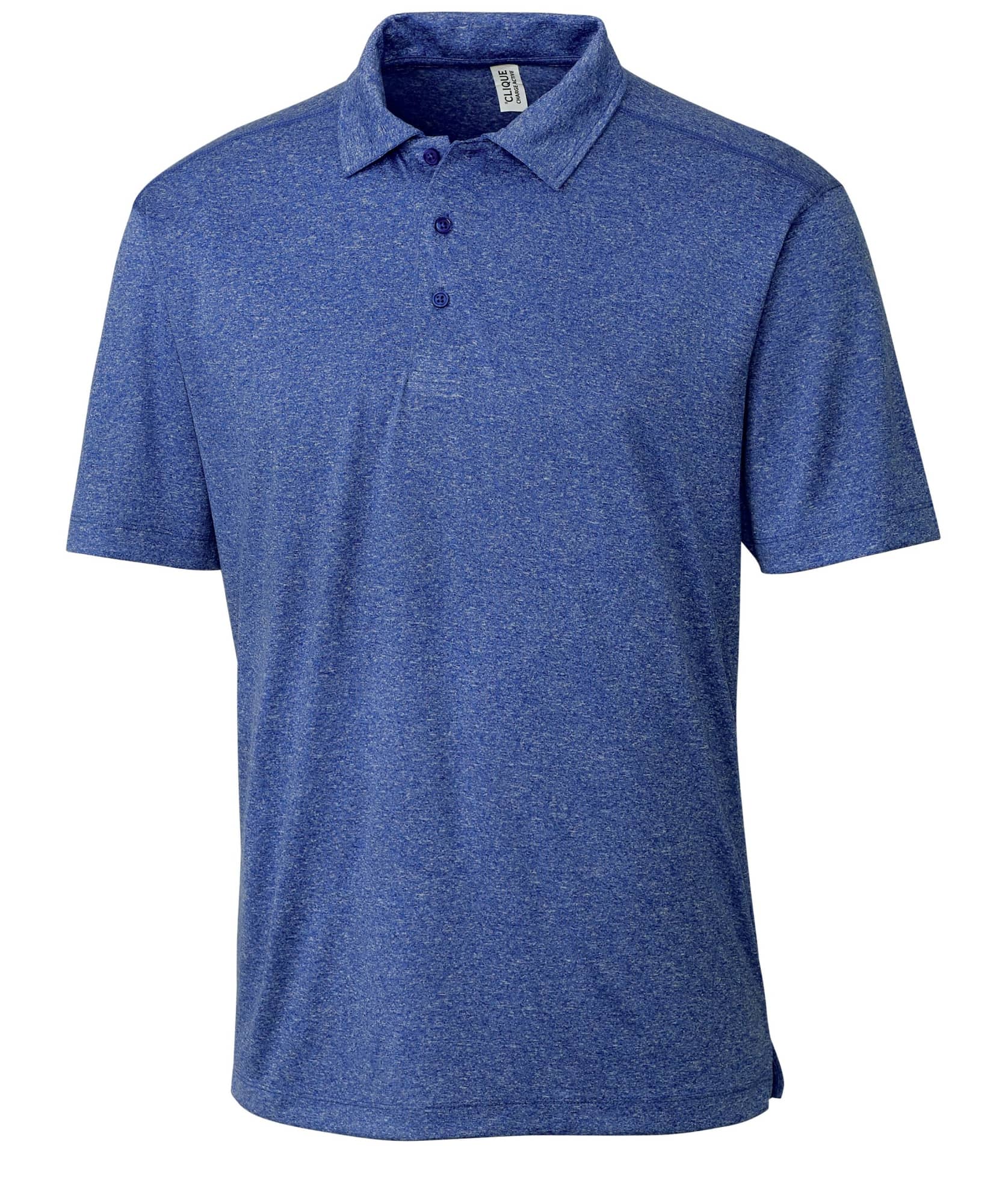 A navy blue active polo shirt with a collar and three buttons, featuring branding.
