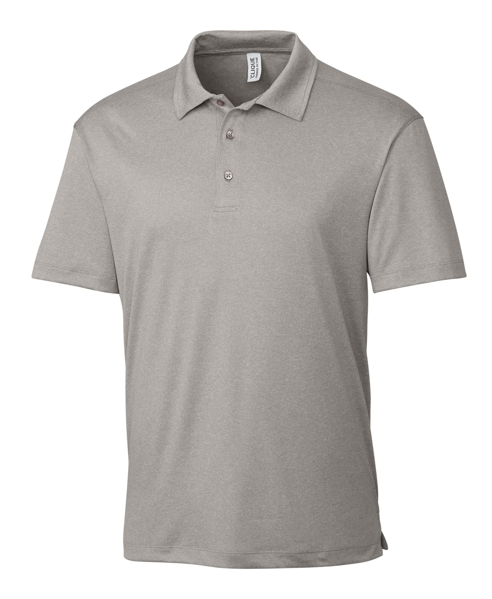 A grey men's polo shirt featuring a classic collar and a three-button placket, with a logo on the side.