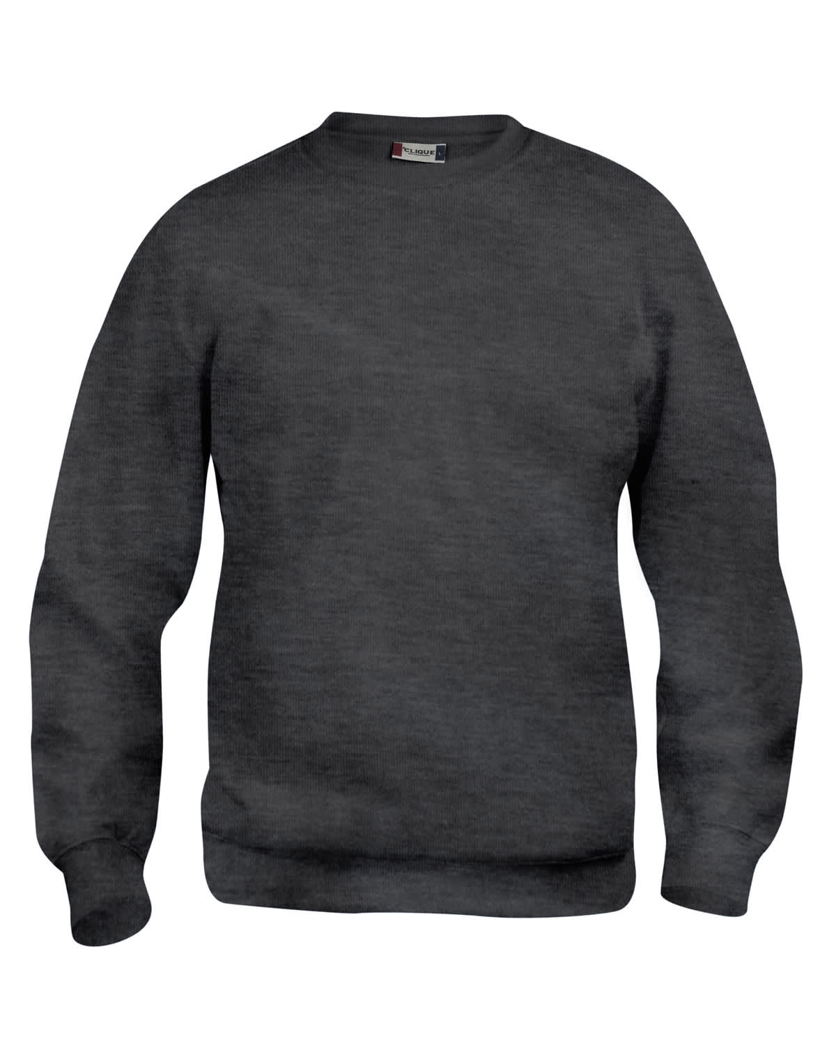A grey crewneck sweatshirt with ribbed cuffs and hem, featuring a logo on the inside label.
