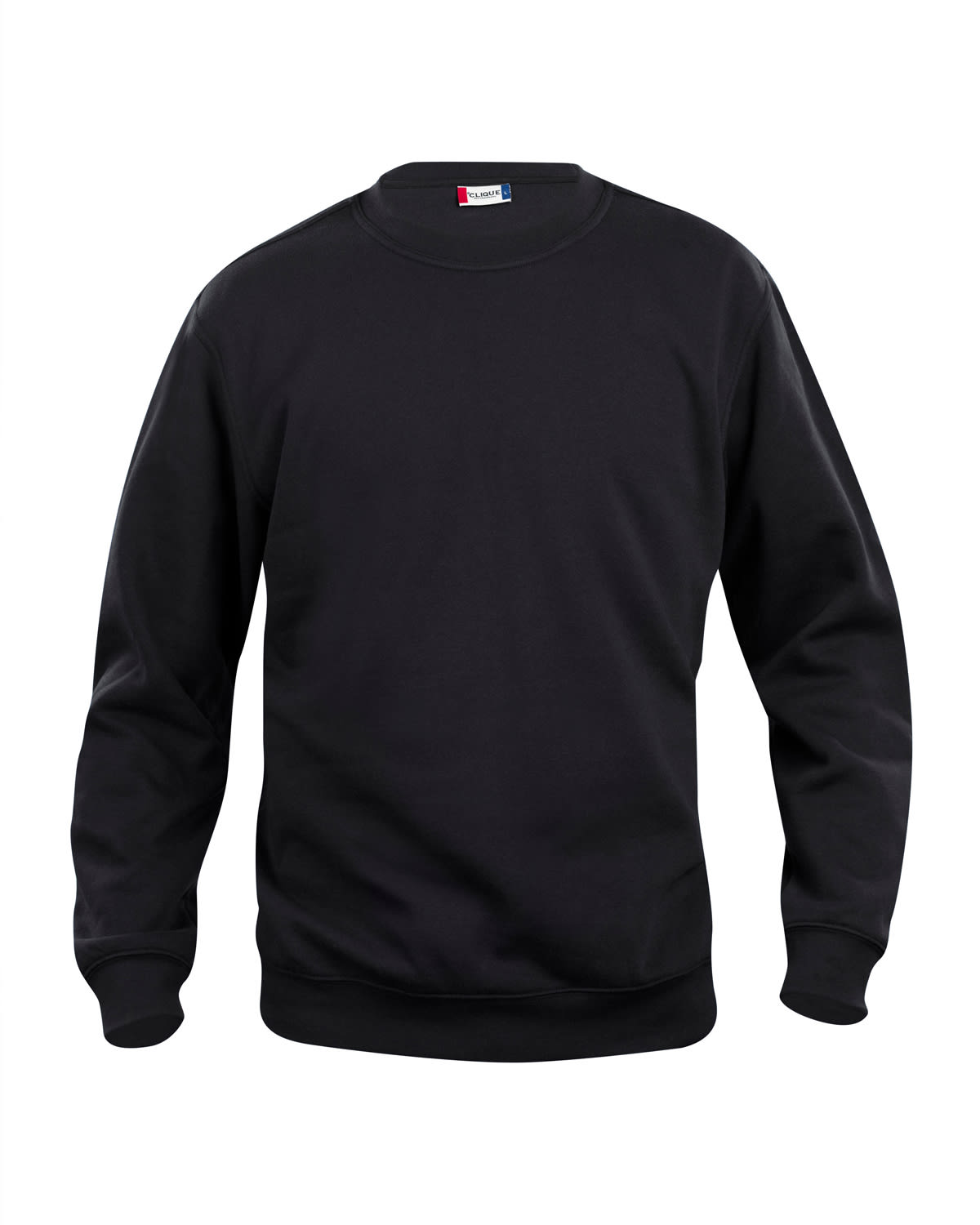 A black crewneck sweatshirt featuring a ribbed collar and cuffs. It has a logo on the neck area.