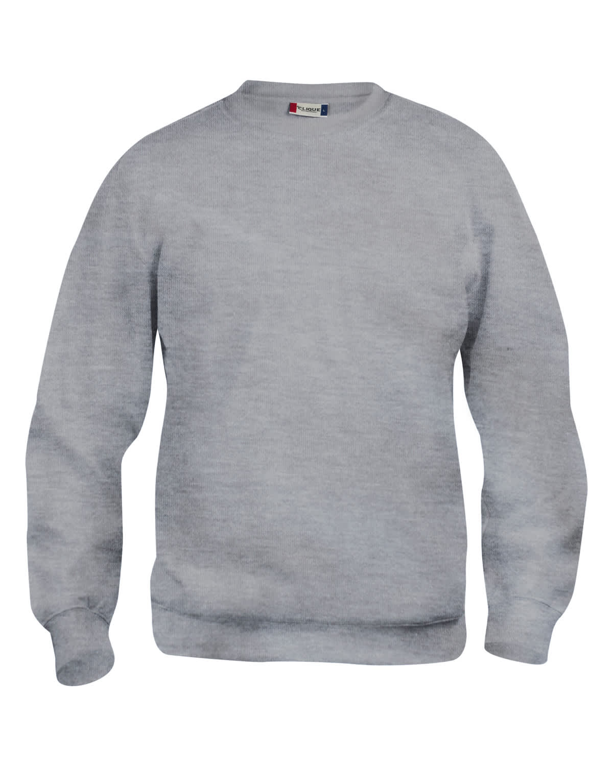 A grey crewneck sweatshirt featuring long sleeves and a ribbed hem, with a branding logo on the collar.
