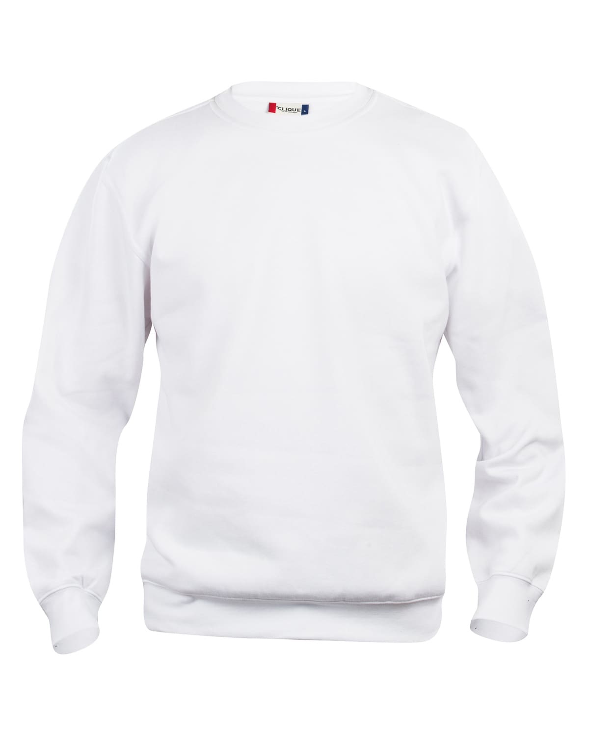 A white crewneck sweatshirt featuring long sleeves and a simple design, including a logo on the neckline.