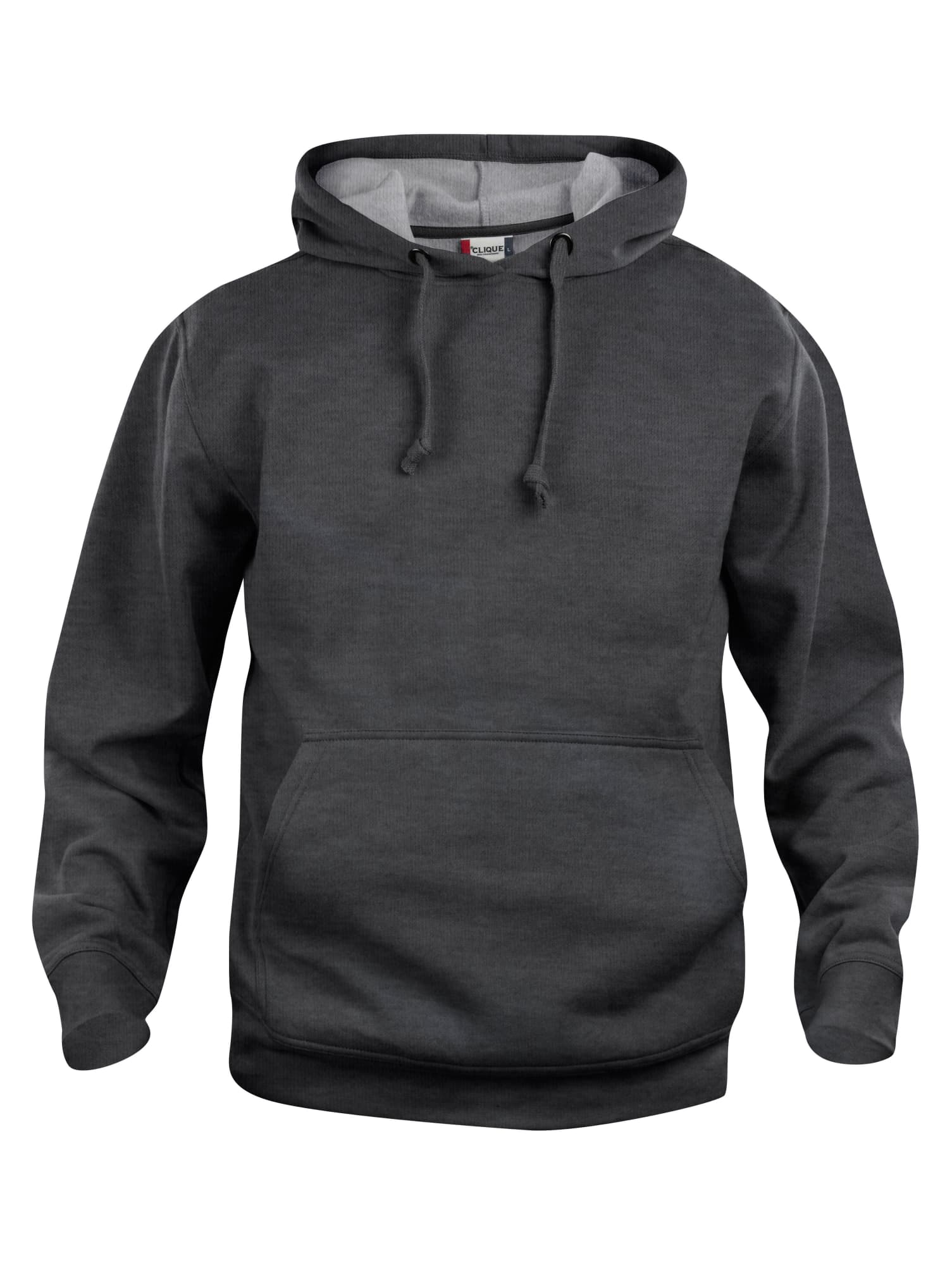 A dark grey hoodie with a front pocket and a drawstring hood. The hoodie features a logo.