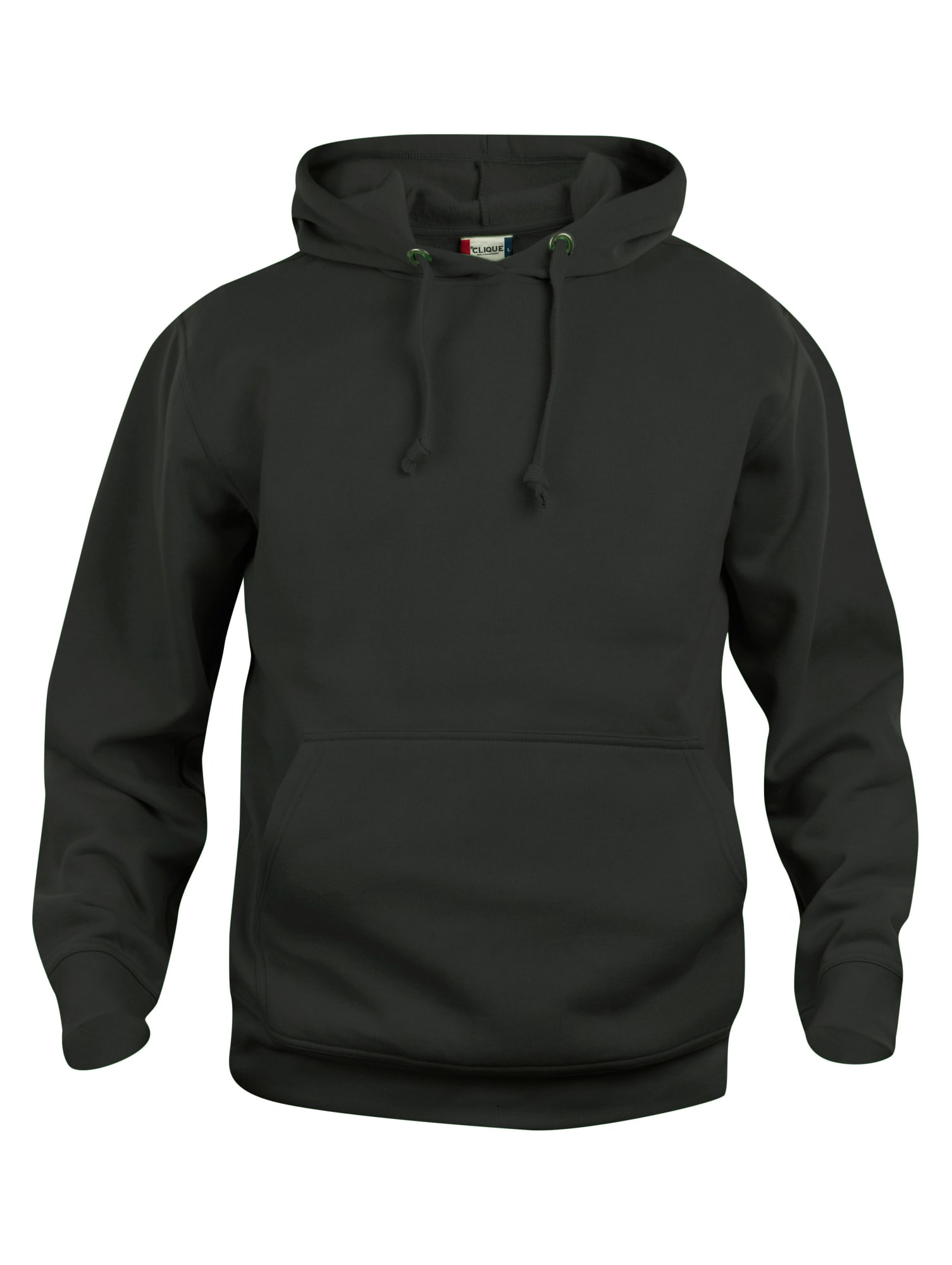 A dark green hoodie with a front pocket and adjustable drawstrings. It features a logo on the label.