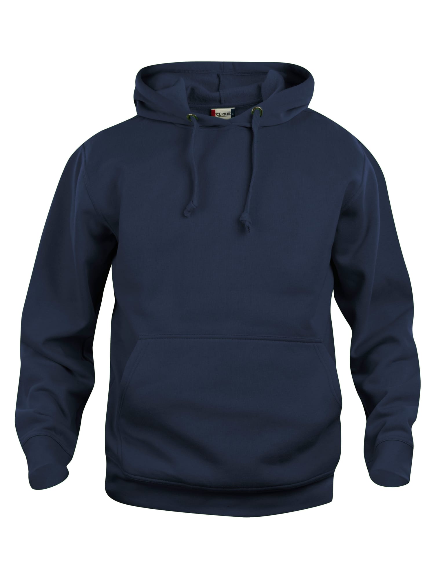 A navy blue hoodie with a front pocket and drawstring hood. It features a logo on the front.