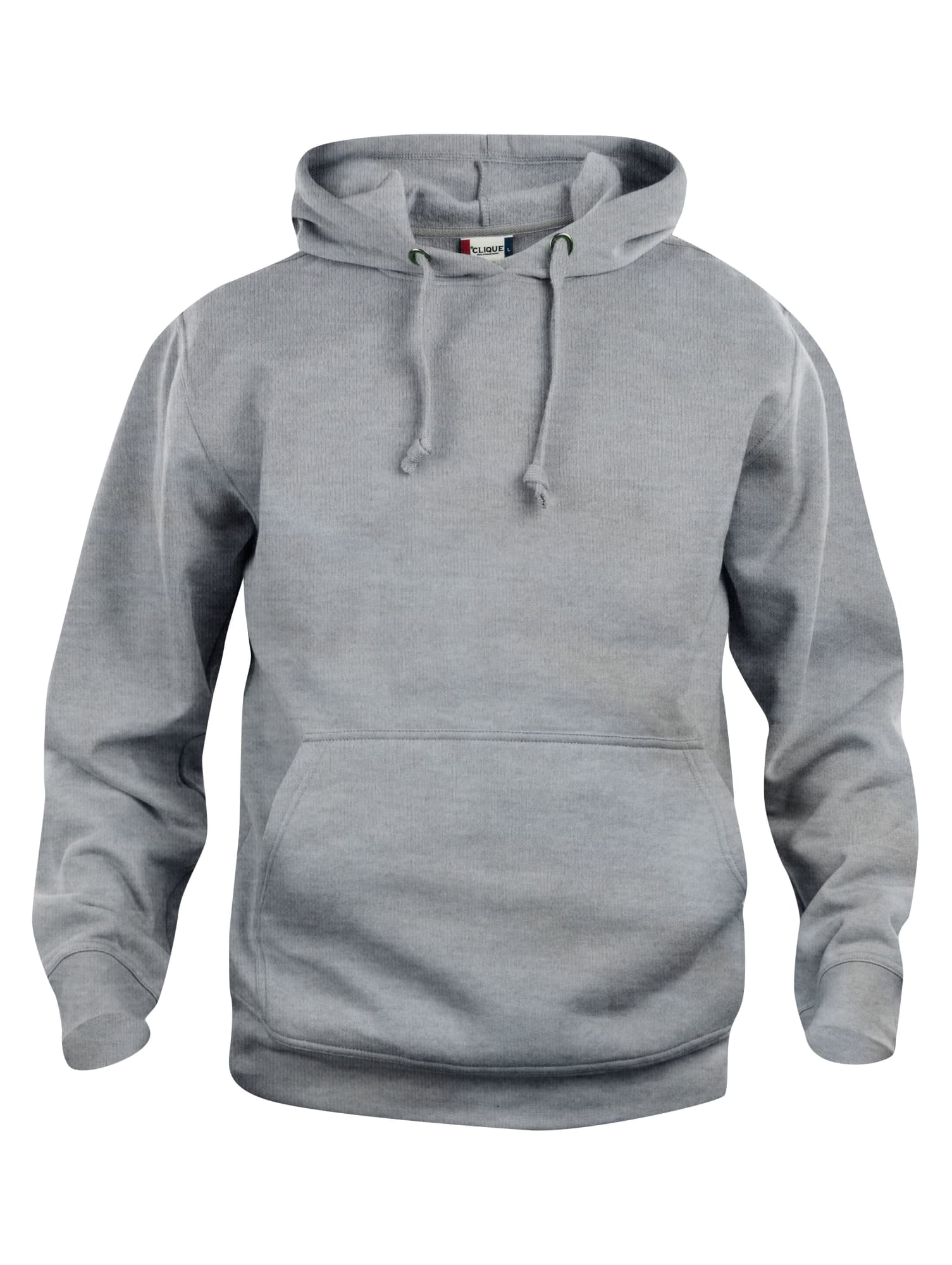 A grey hoodie with a front pocket and drawstring hood, featuring a logo on the front.