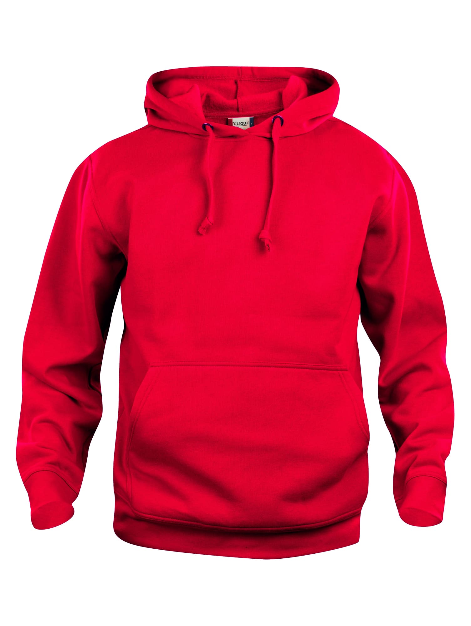 A red hoodie featuring a front pocket and a drawstring hood, with a logo on the front.