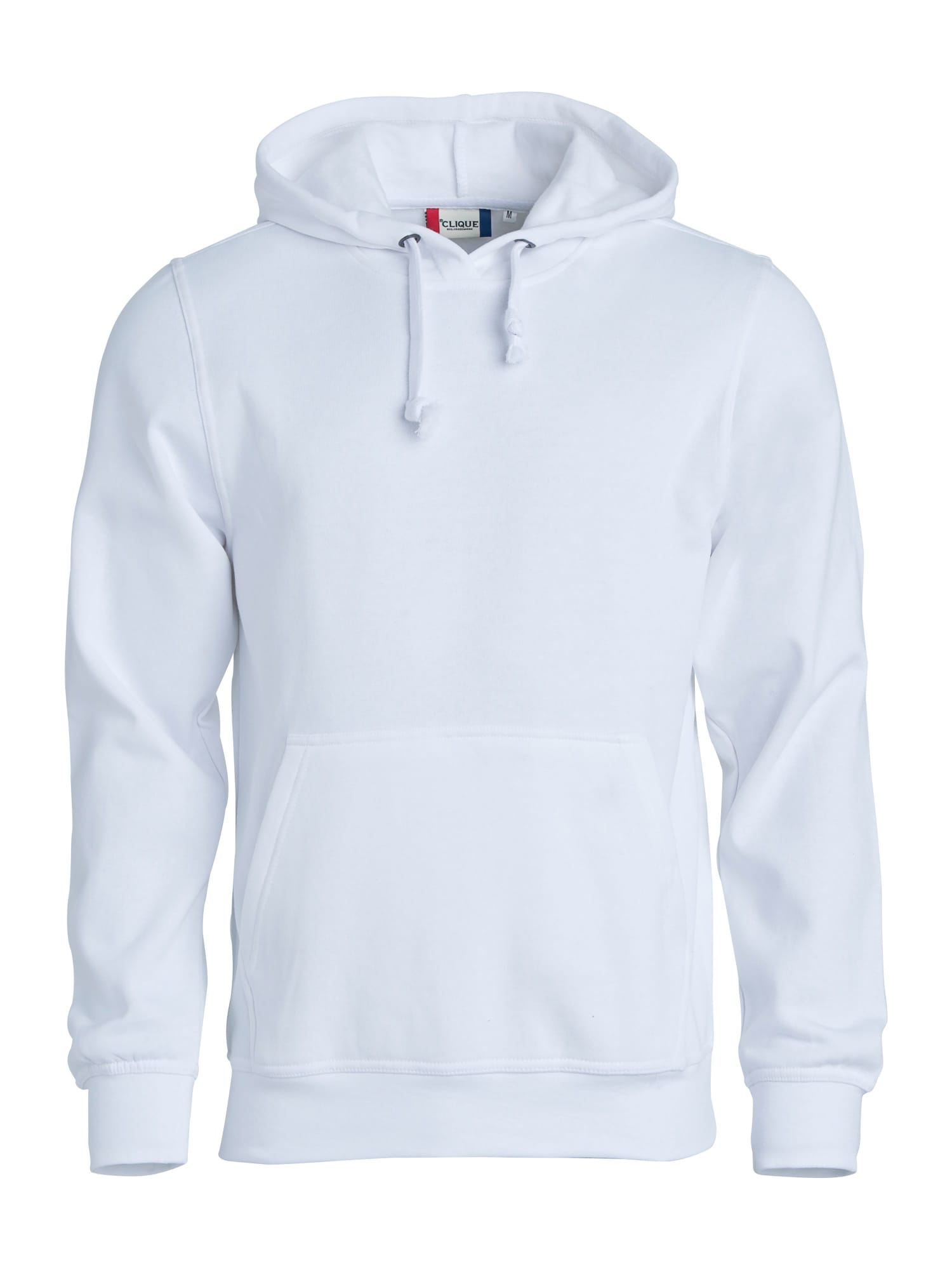 A white hoodie with a front pocket, drawstring hood, and a logo on the label.