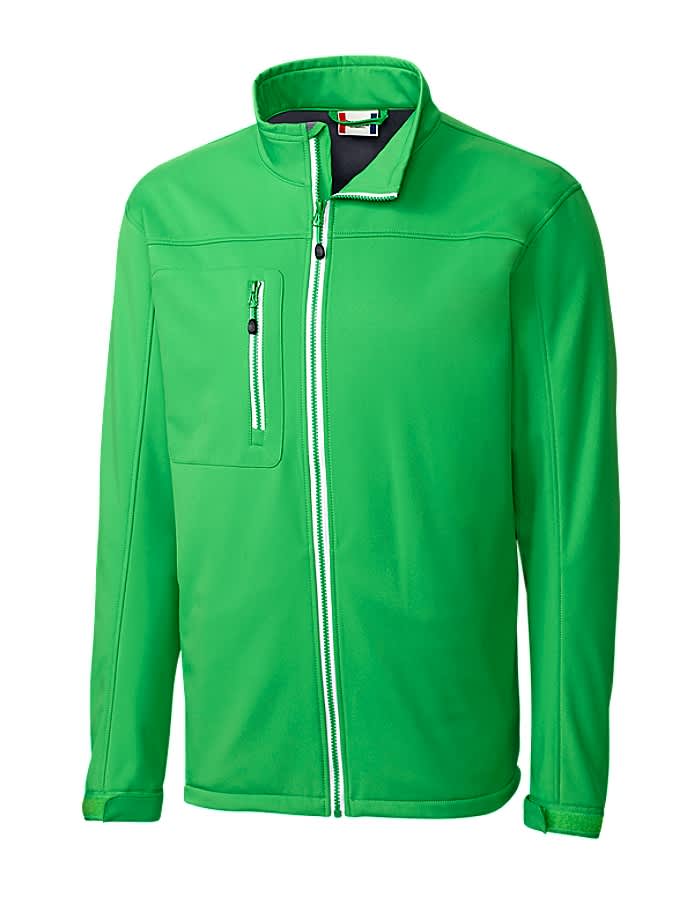 A green softshell jacket with a zippered pocket and contrasting detailing. Features a logo on the chest area.